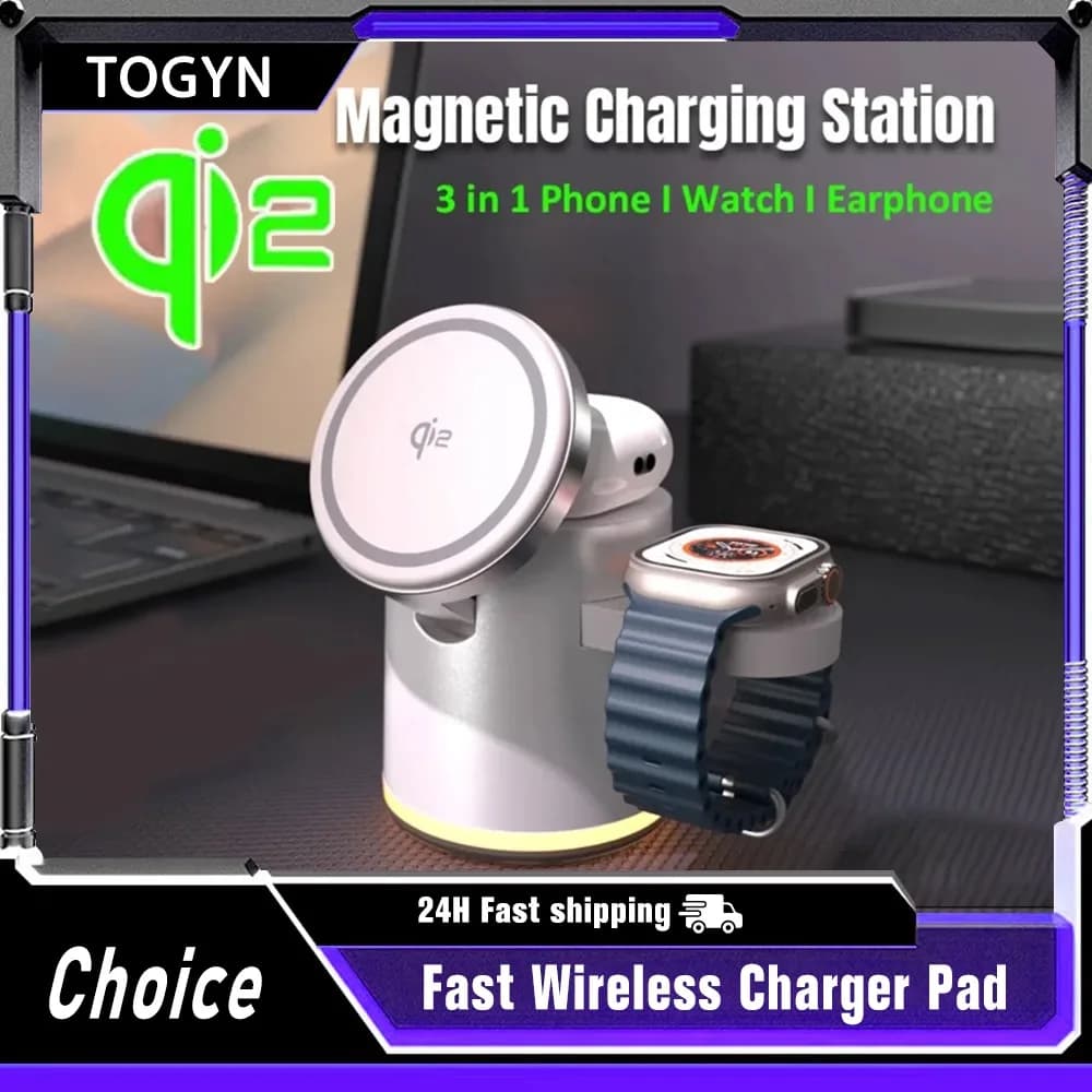 Foldable Quick Charging Station 4 in 1 Magnetic Wireless Charger Qi2 15W for Macsafe iPhone16/15/14/13/12 Apple Watch AirPods Pro