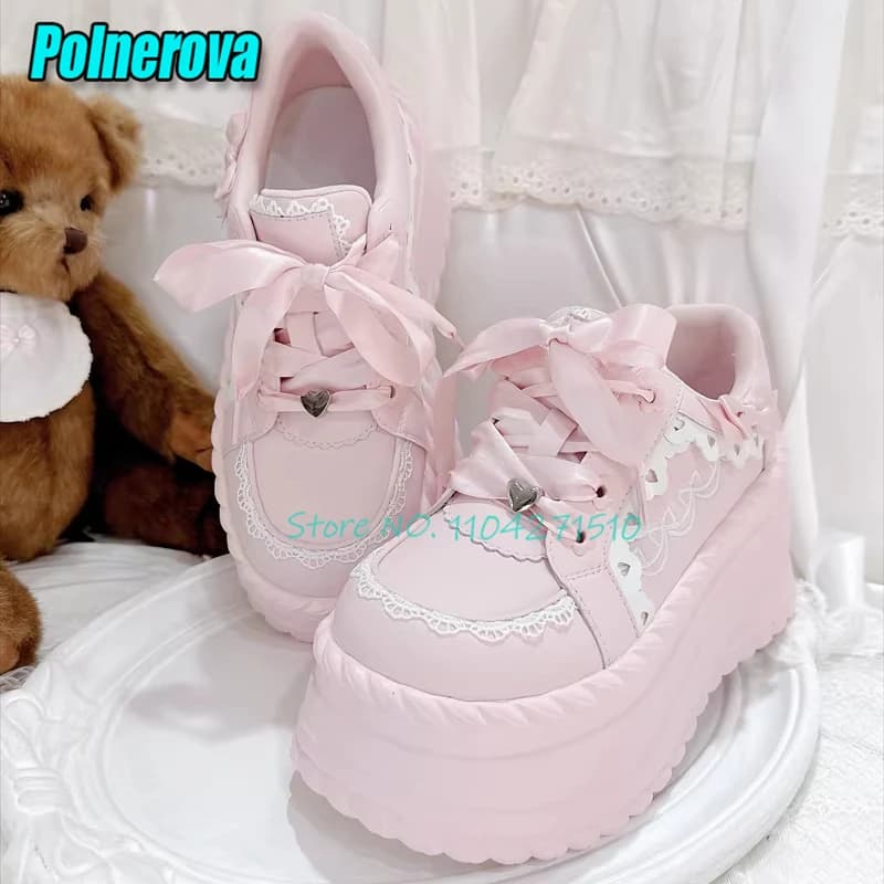 Pink Black White Thick Soled Casual Sneakers Sweet Bow Lace Round Toe High Heels Spring Summer New Versatile Women's Pumps