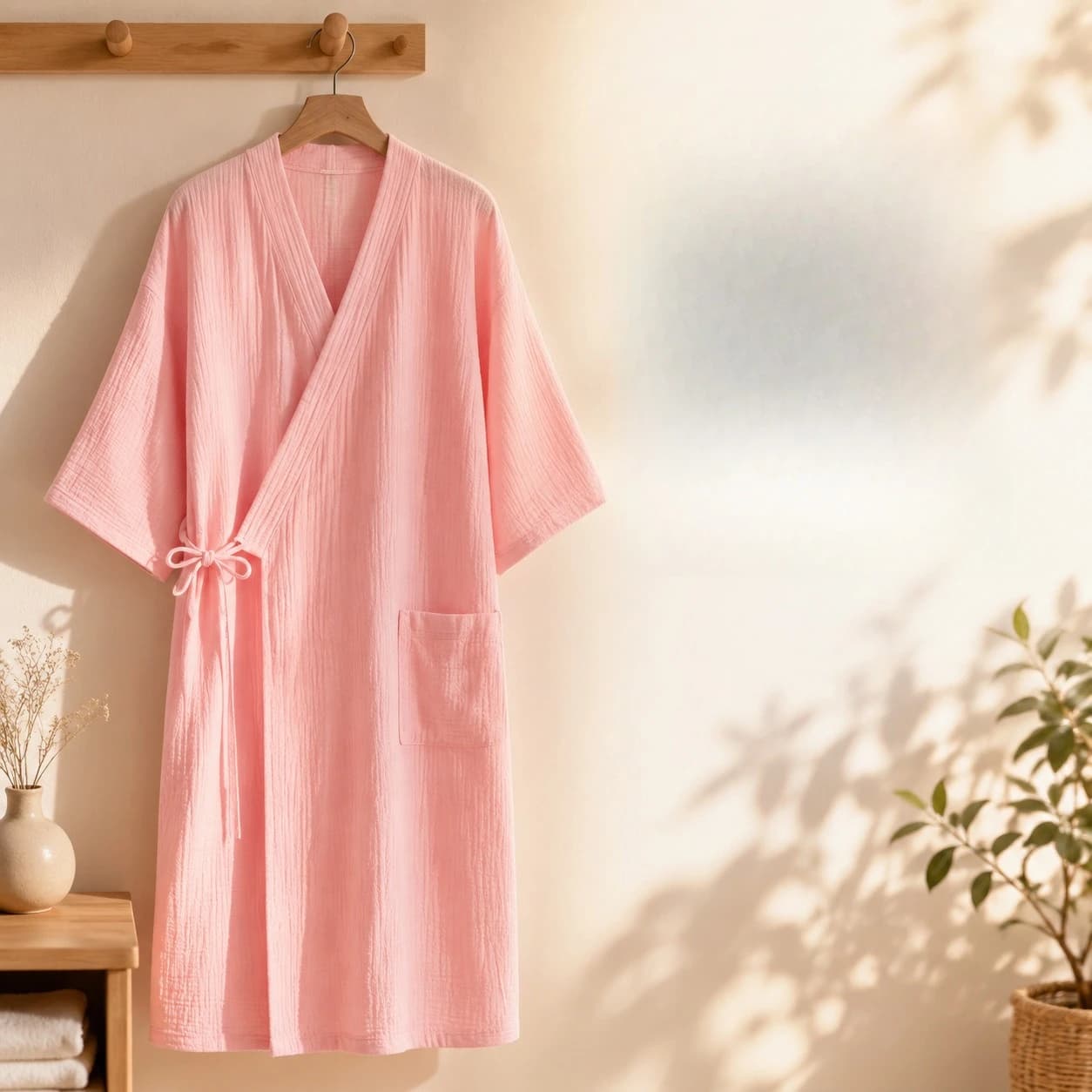 Women's 100% Cotton Bath Robe Double-Layer Crinkled Fabric Lightweight Robe Soft and Absorbent, Homewear, Gauze Bath Robe