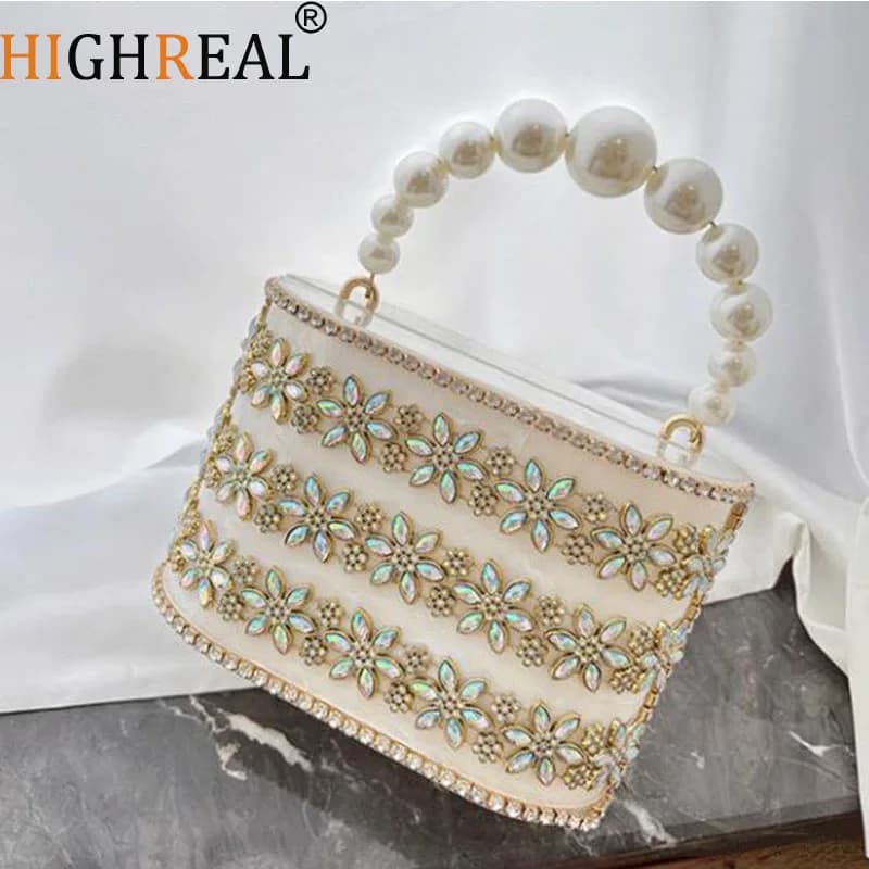 Borsa da sera firmata con scatola Pochette con fiore di diamanti Borsa di lusso in acrilico con manico per perline Borsa da festa per banchetti Borsa a tracolla da donna