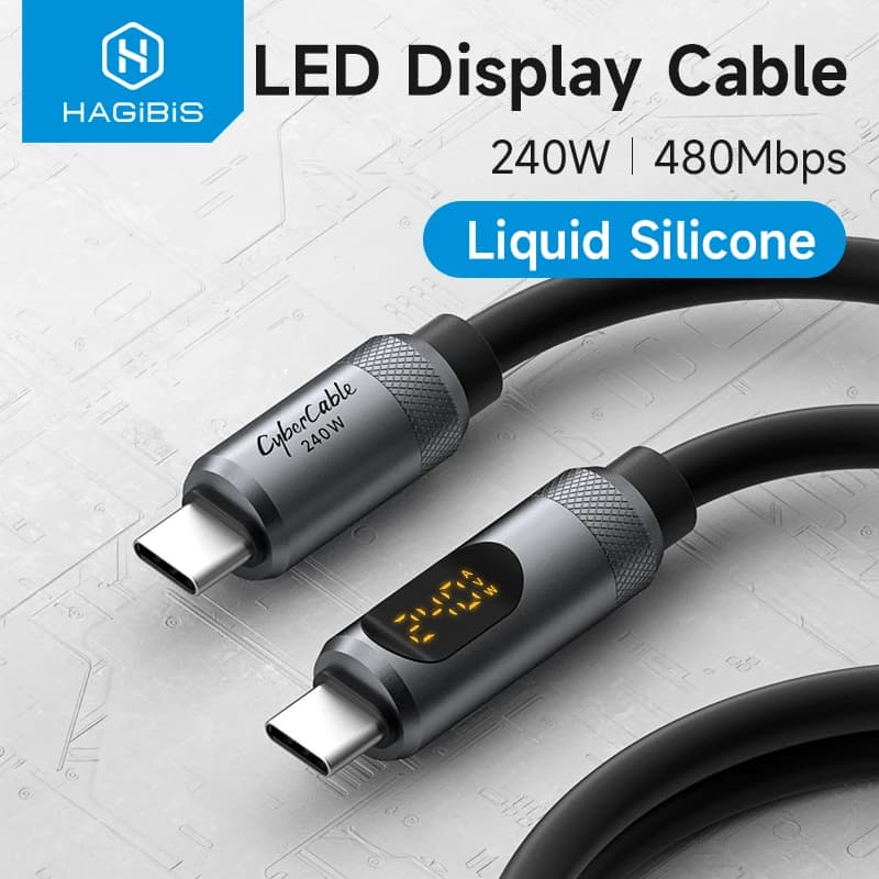 Hagibis Cavo USB C con display LED Cavo di ricarica rapido da tipo C a C Cavo di ricarica in silicone PD 240W per iPhone 17 MacBook Pro Air