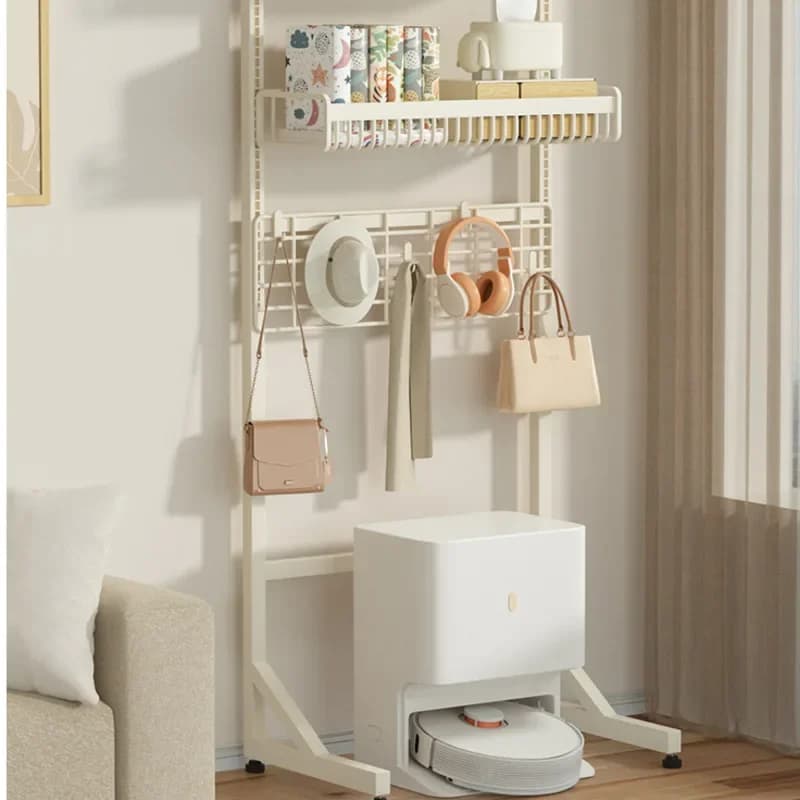 Armadietto portaoggetti in stile crema, espositore in acciaio con ganci per chiavi, supporto per aspirapolvere robot, soggiorno, organizer per assistente domestico