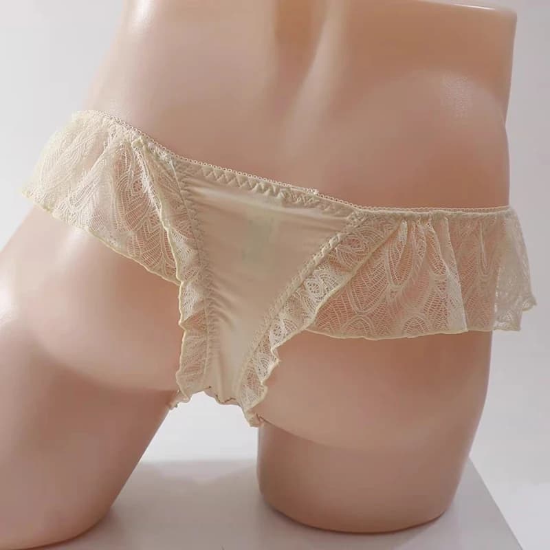 Lace Underwear Men Sexy Briefs Low Waist Convex Pouch Panties Sissy Ruffled Bow Thongs G String Lingerie