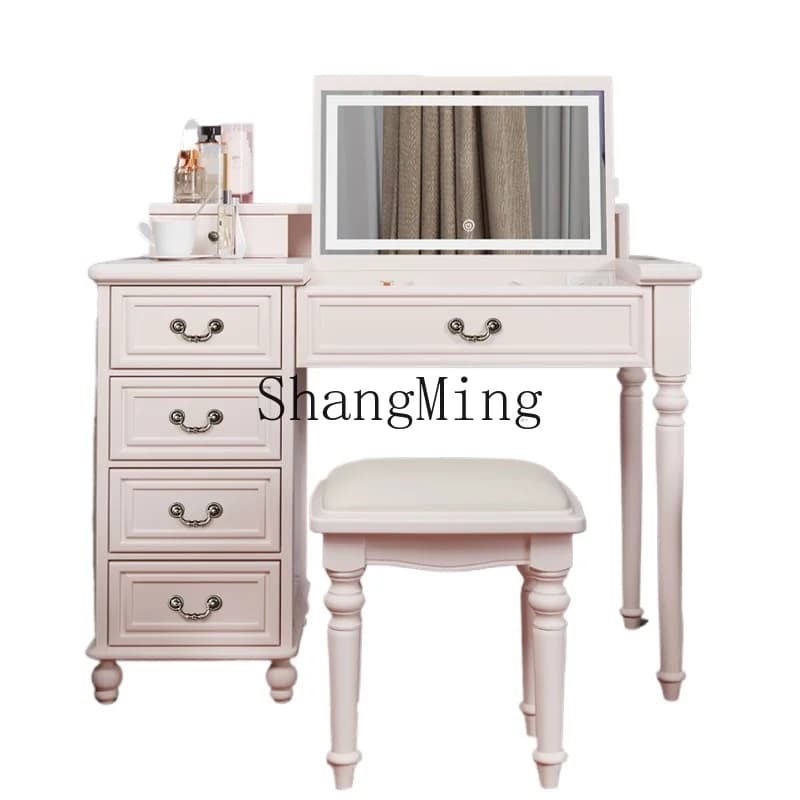 HJ pure solid wood installation-free light luxury flip mirror can be hidden dresser desk integrated dual-purpose with lamp