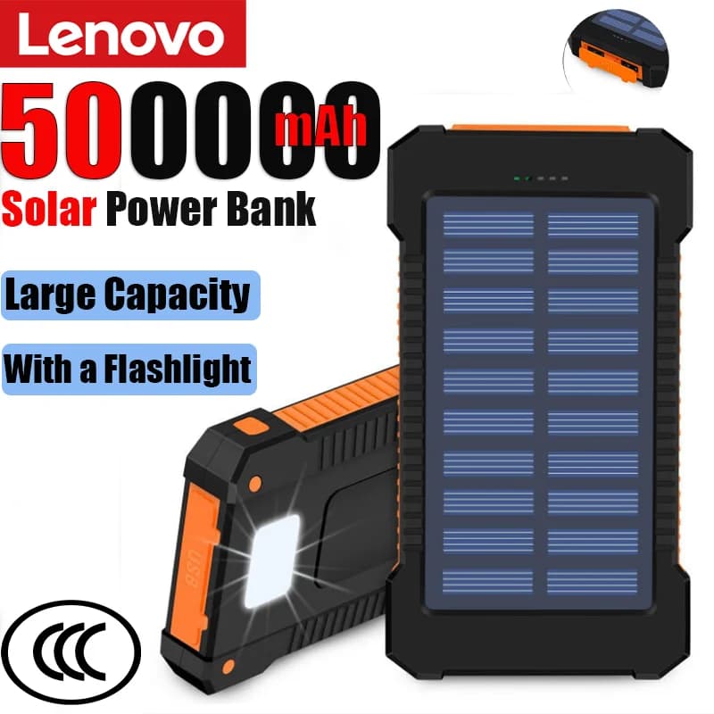 Power Bank Solare Lenovo da 500000mAh, Ricarica Super Veloce, Batteria Esterna Portatile per iPhone, Huawei, Samsung
