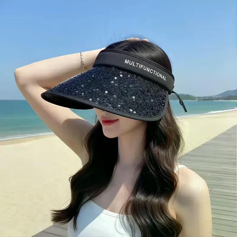 Cappello con visiera larga con paillettes, protezione UV, pieghevole, con parte superiore vuota, per donna, per viaggi in spiaggia e all'aperto