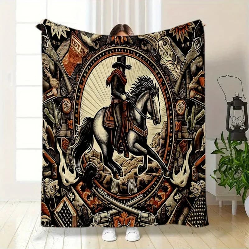 Coperta in flanella con motivo cowboy americano - Stile contemporaneo, Poliestere, Lavorata a maglia, Stampa digitale, Per tutte le stagioni, Resistente agli strappi