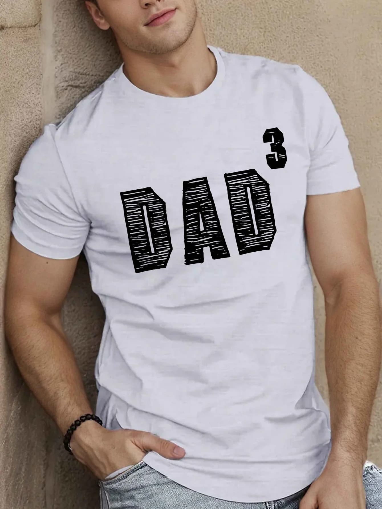 T-shirt casual da uomo con scollo rotondo, 100% puro cotone, T-shirt a maniche corte con immagine di un padre con tre figli