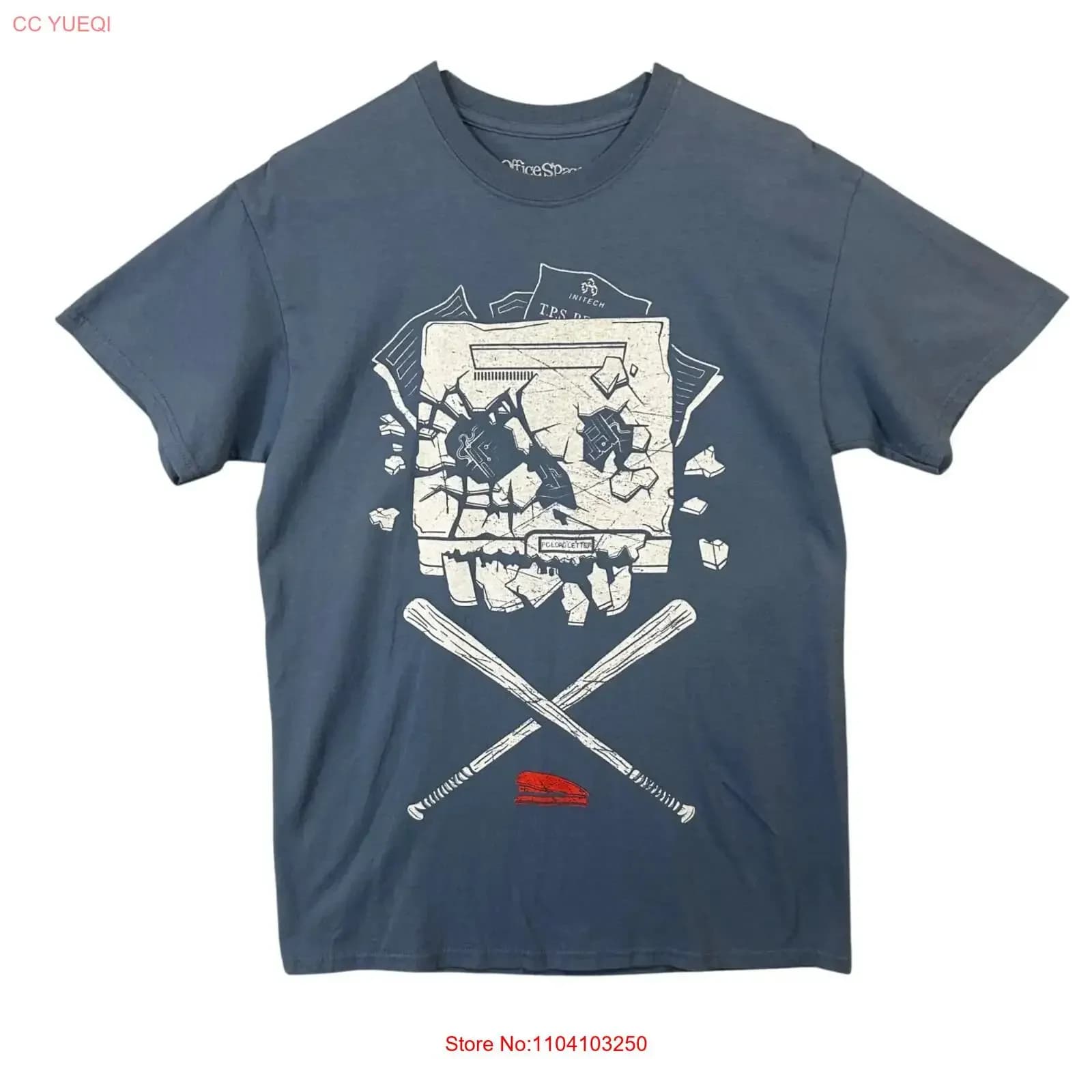 T-shirt blu da uomo taglia M Office Space con stampa rosso graffio e stampante, top EUC vintage lavato, grafica versatile, abbigliamento unisex firmato