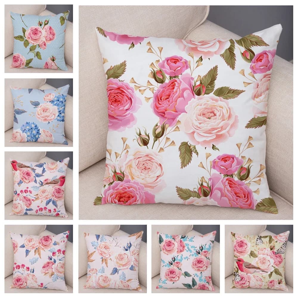 Nordic style pillow lining with pink flowers and birds for car sofa Super Soft plush Decor Flower Plant Animal federa