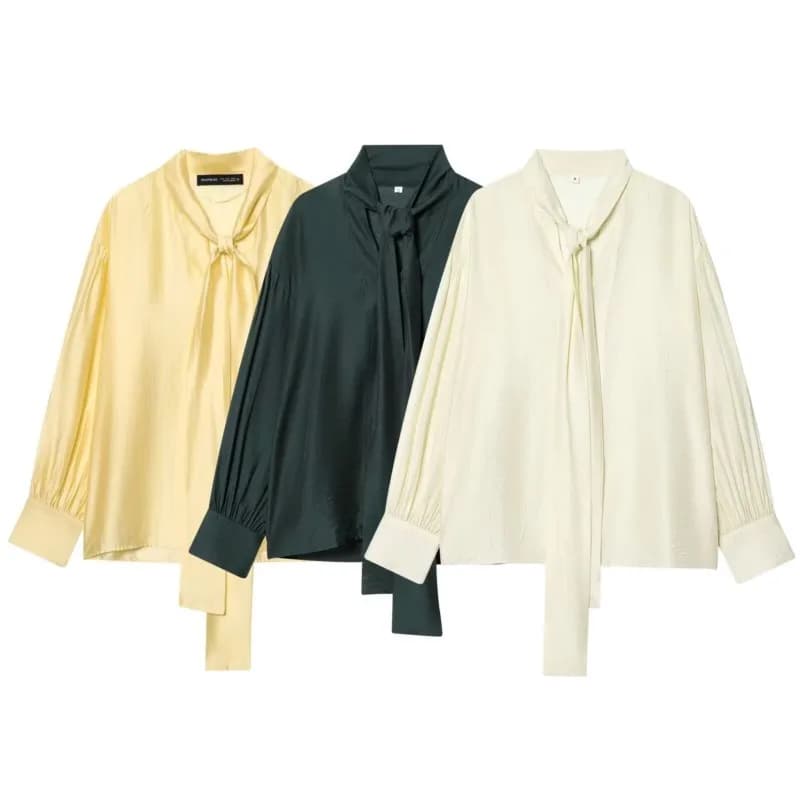 Women's Satin Shirt Spring Summer Casual Long Sleeve Women Shirt with Bow Tie Lady Solid Shirt & Blouses Female Tops