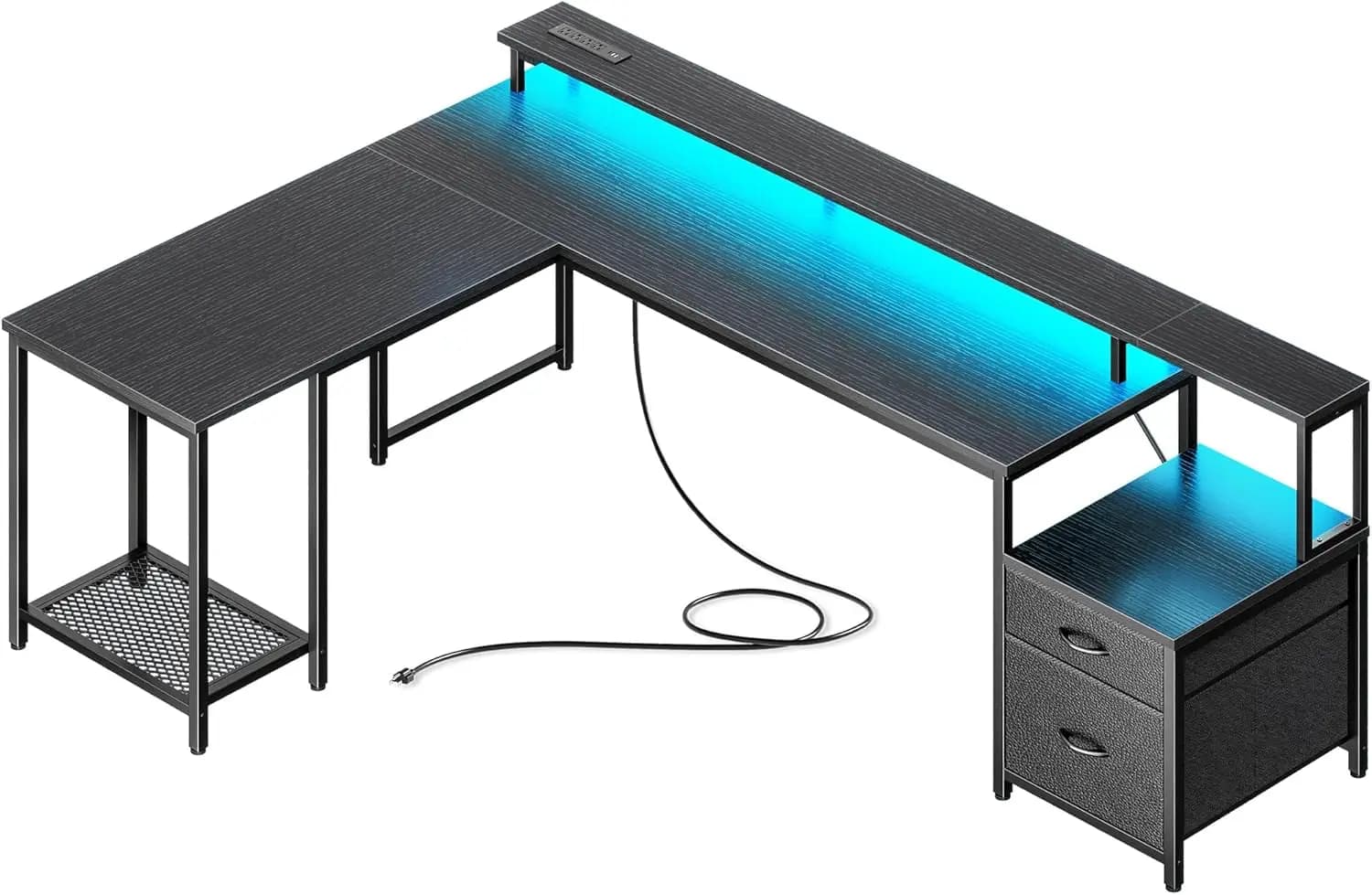 66-Inch L-Shaped Gaming Desk with LED Lighting and Electrical Outlets, Fabric Drawers, Printer Stand, Corner Office Desk Including Monitor Stand and Mesh CPU Stand, Black