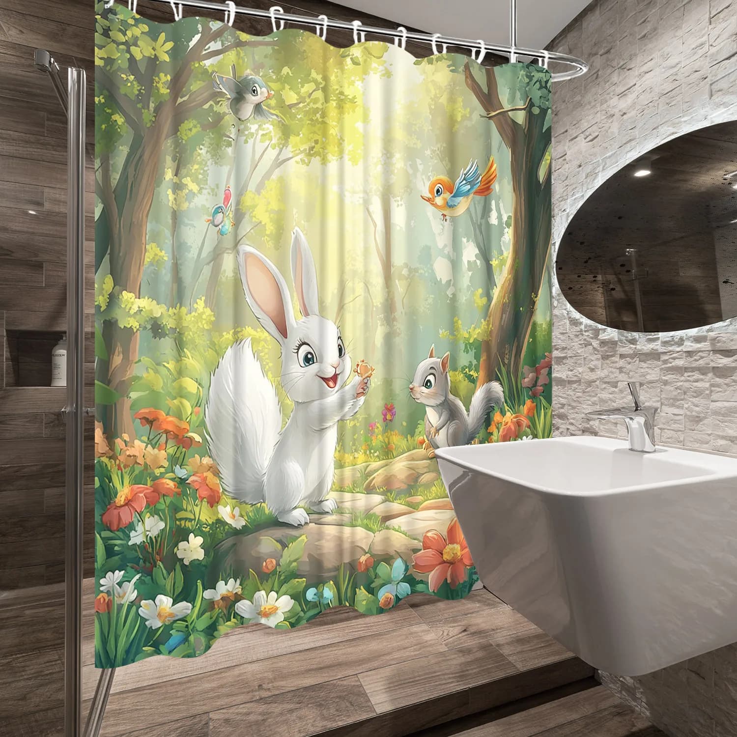Tenda da doccia coniglietto della foresta stravagante - Conigli bianchi, uccelli colorati, design della foresta incantata, 72x72", 12 ganci, poliestere
