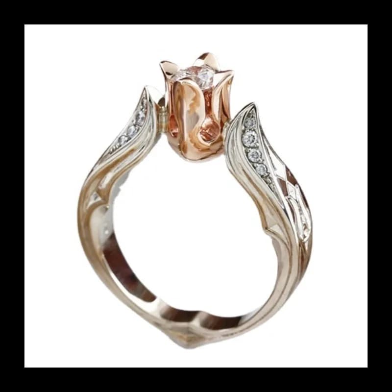 Zhenrong Wish Anello con zirconi di simulazione di separazione dei colori del fiore della rosa, anello nuziale per feste di lusso da donna