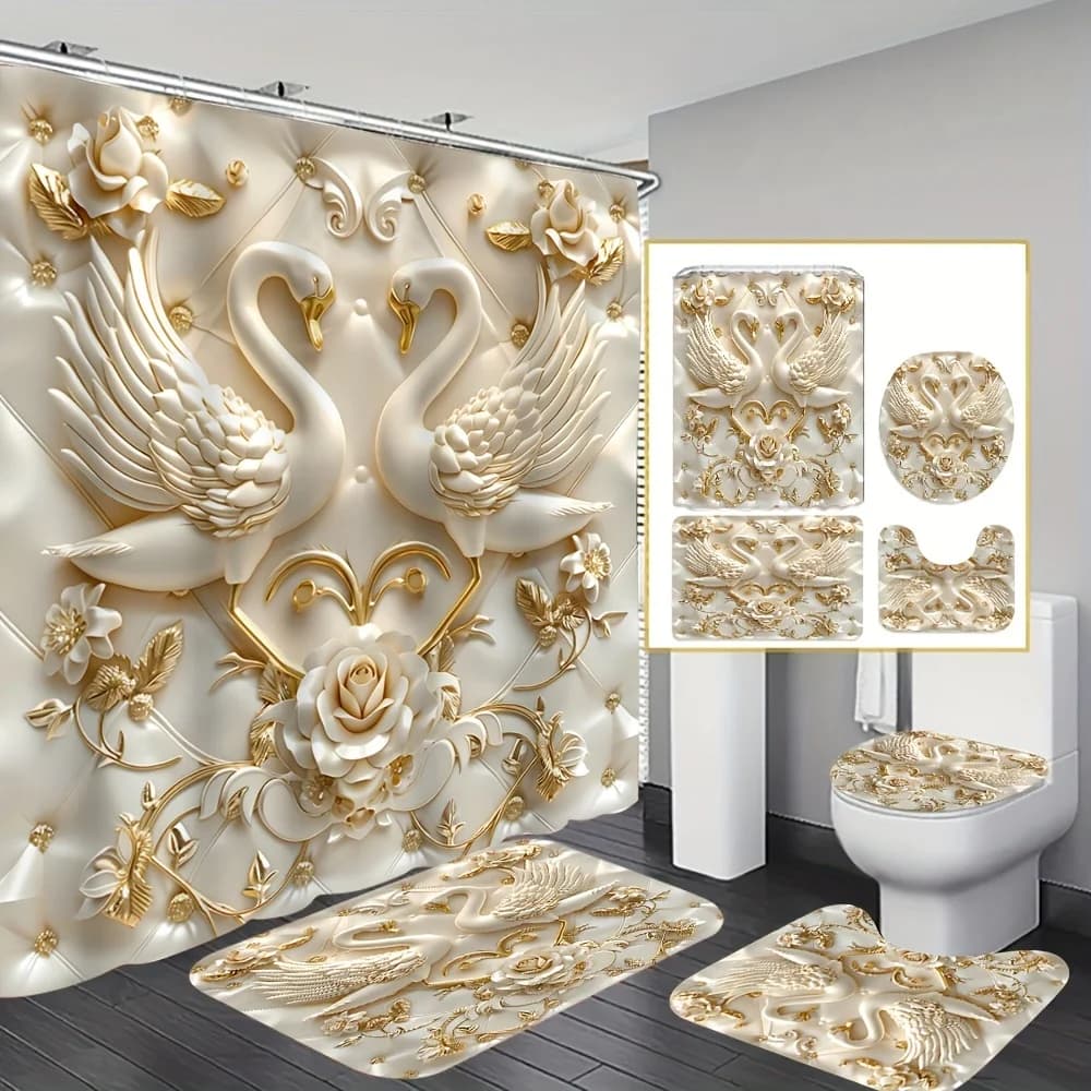Elegante set da bagno di lusso con cigni e rose 3D: tenda da doccia impermeabile, copriwater, tappetino da bagno e tappetino sagomato