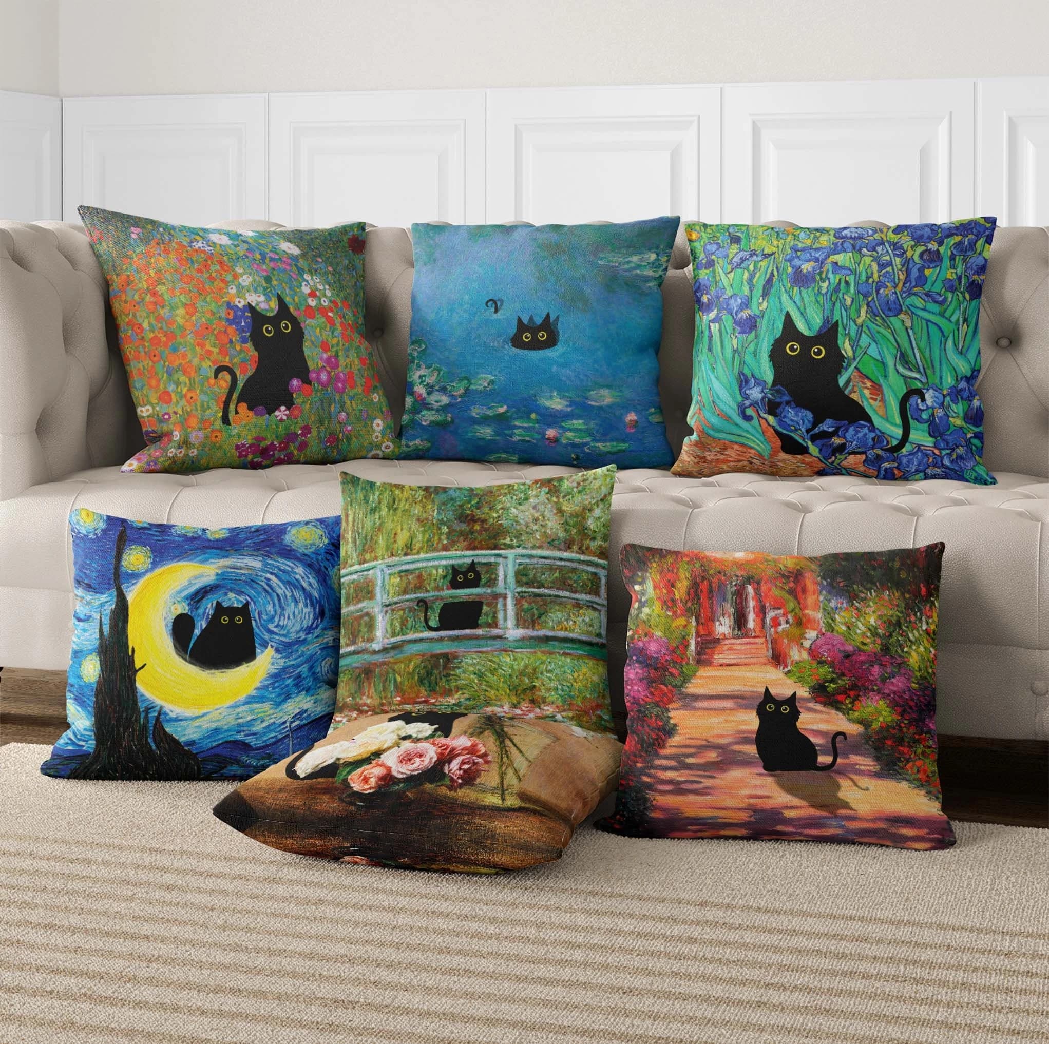 1pc Monet Waterlily Cat Throw Pillow Cover Matisse Black2D Double-Side Print Polyester Cushion Case for Home Sofa Housewarming G
