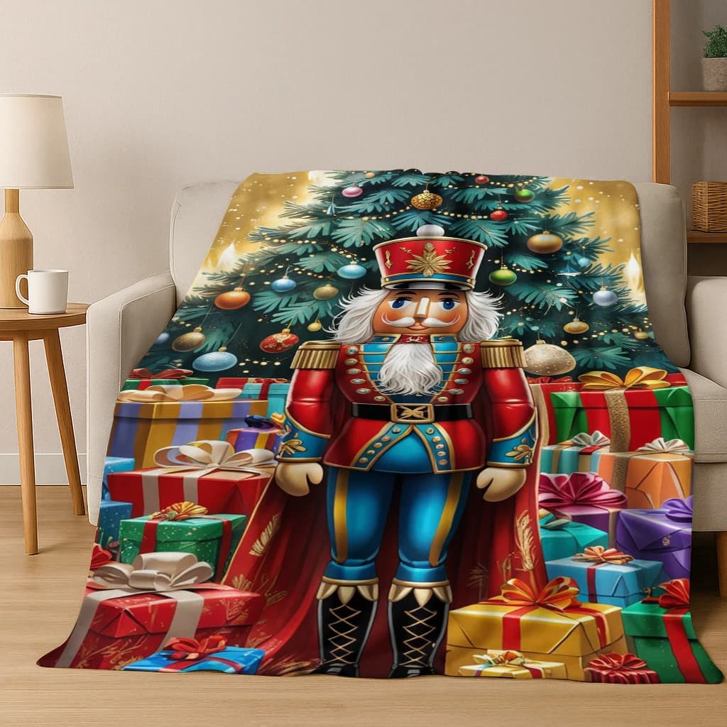 Buon albero di Natale Schiaccianoci Burattino di cartone animato Regalo di Capodanno Coperta di flanella, Coperta morbida per la casa Camera da letto Divano letto Bambini