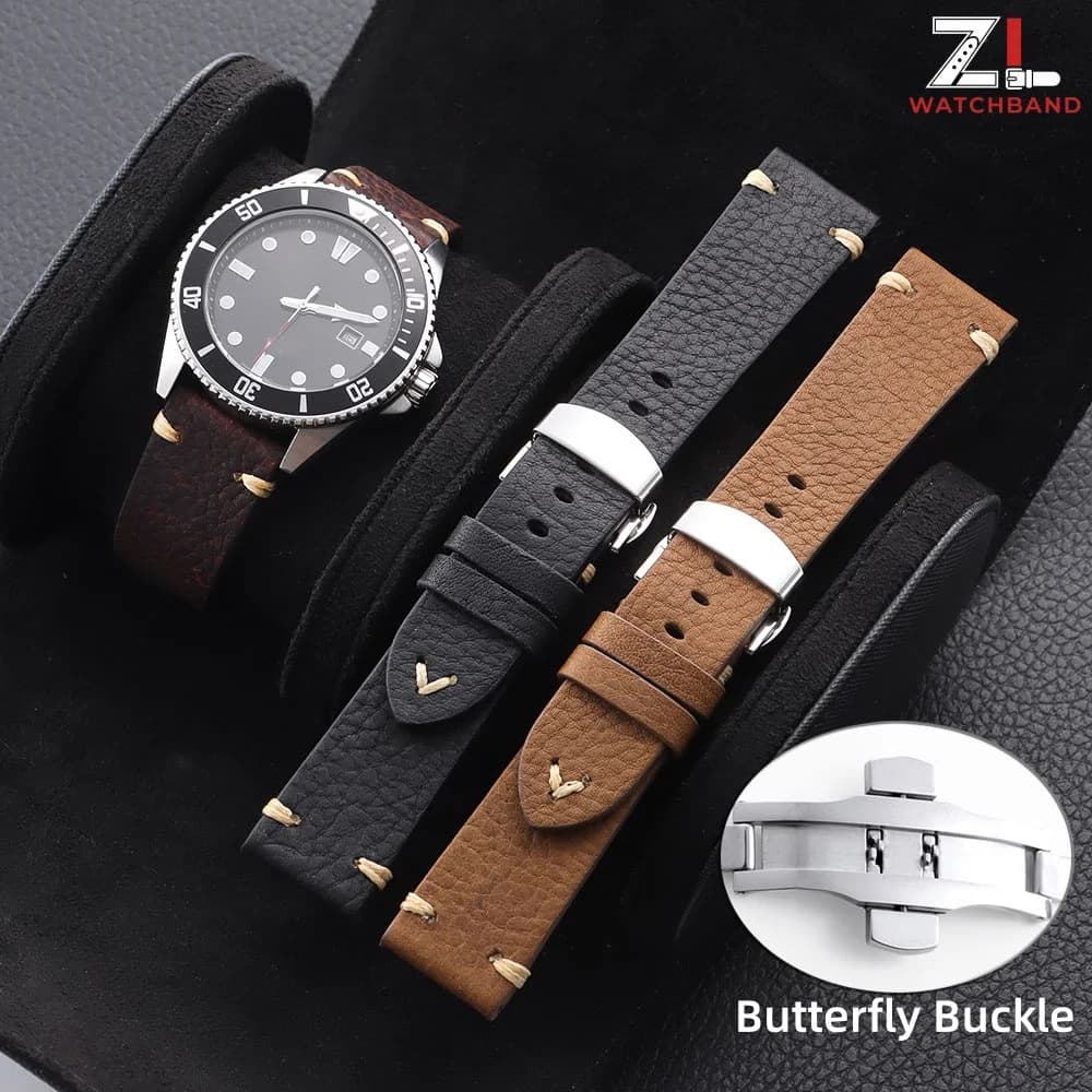 Universal Genuine Calfskin Watch Band Butterfly Buckle Vintage Straps 18/20/22mm Men Women Breathable Bracelet Belt Accessories