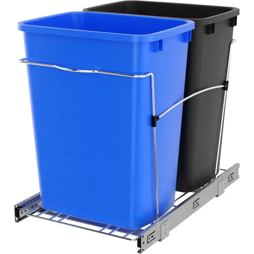 Cestino per Rifiuti a Doppia Estraizione, Contenitore per Riciclaggio da 35 Quarti per Armadio da Cucina con Guide Scorrevoli Blu/Nere