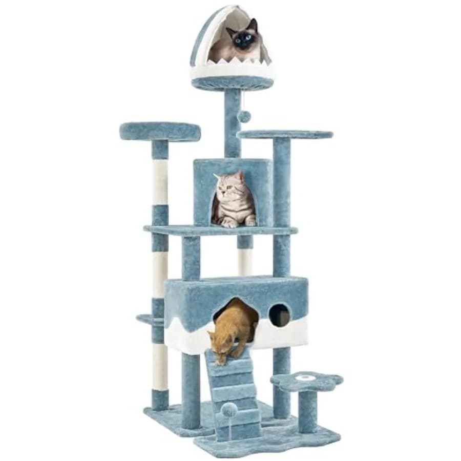 Albero per Gatti a Tema Oceano da 72,5 Pollici per Gatti da Interno con Design Multilivello Blu e Bianco, Letto a Bocca di Squalo, 2 Grandi Cuccette e 2 Aree di Sosta Larghe