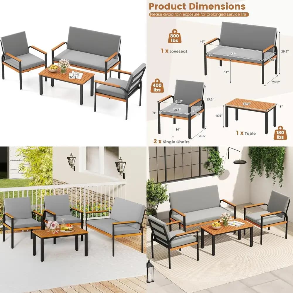 4 Pieces Patio urniture Set, Outdoor Contion Set with Acacia Wood Coee Table, Cushioned Loveseat & 2 Single Armrest Chairs, or P