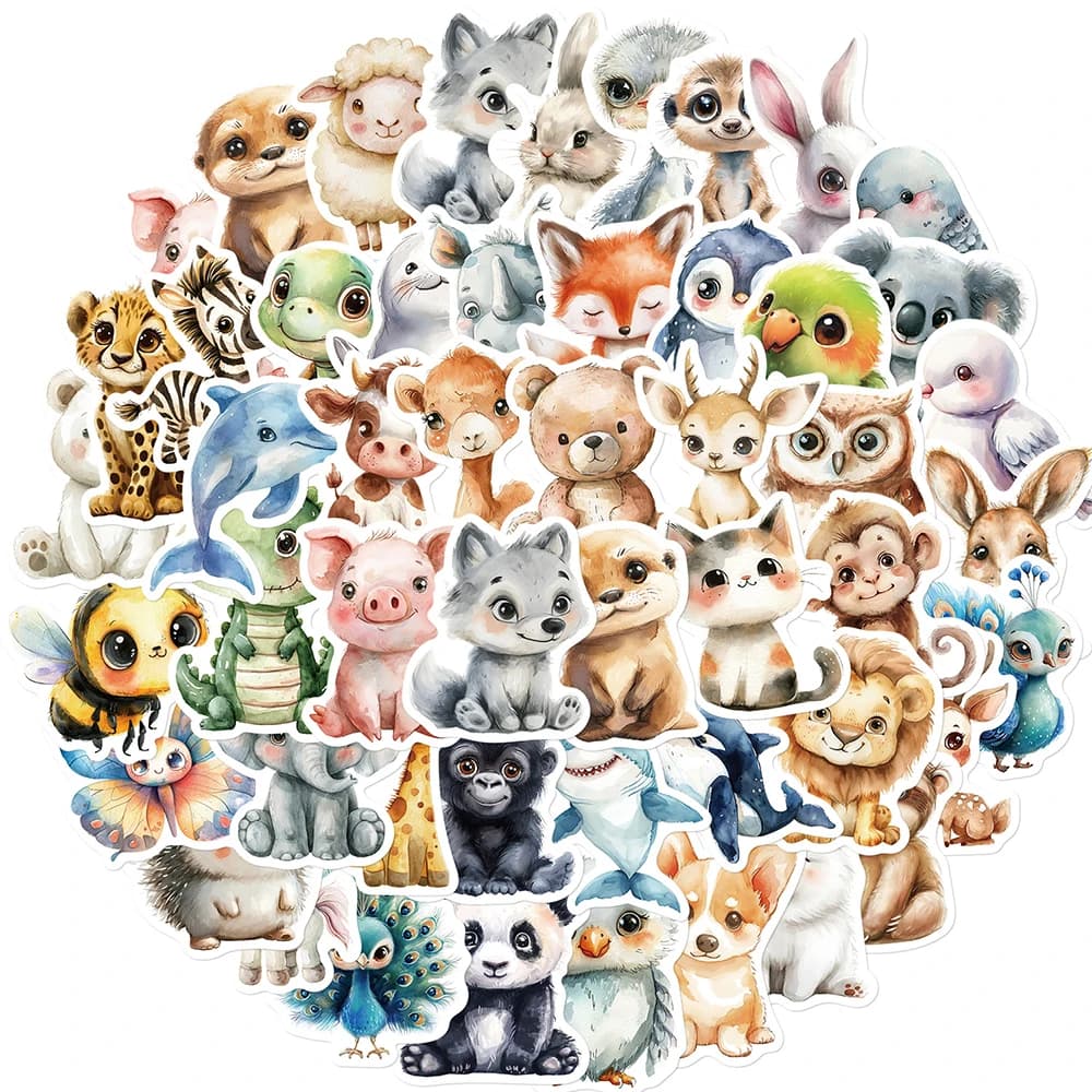 10/30/50pcs simpatici animali ad acquerello adesivi per cartoni animati divertenti decalcomanie per Graffiti custodia per telefono Skateboard Scrapbook Sticker per bambini giocattolo