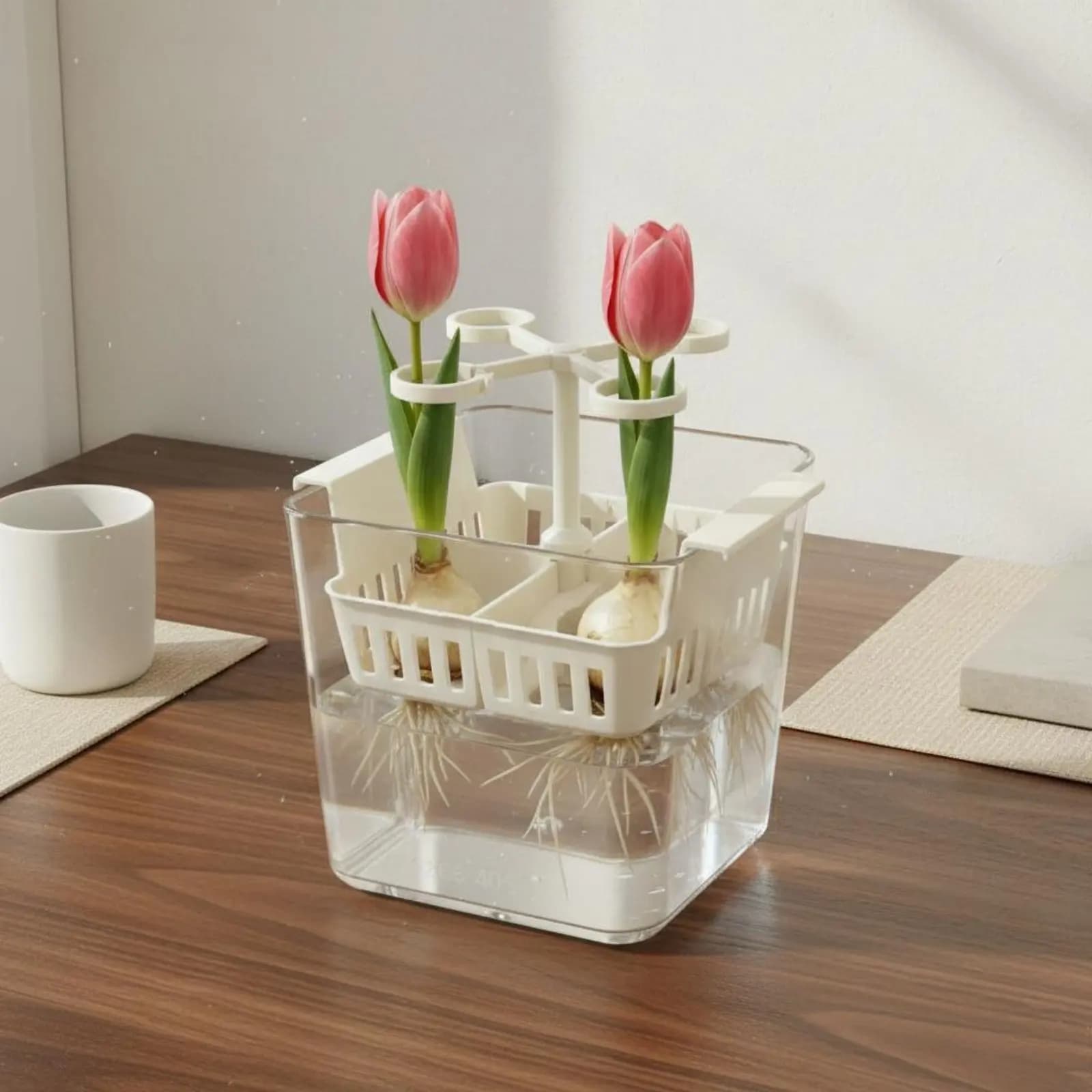 Vaso per Fiori Idroponico con Cestello Integrato, Vaso da Tavolo per Forzatura Fiori, Fioriera a 3 Scomparti per Bulbi, Facile da Pulire per Interni