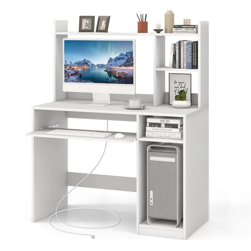 Scrivania con mobiletto superiore, scrivania in legno per ufficio domestico con vassoio per tastiera, supporto per CPU e presa di corrente, scrivania salvaspazio per laptop e PC, scrivania moderna per scrittura