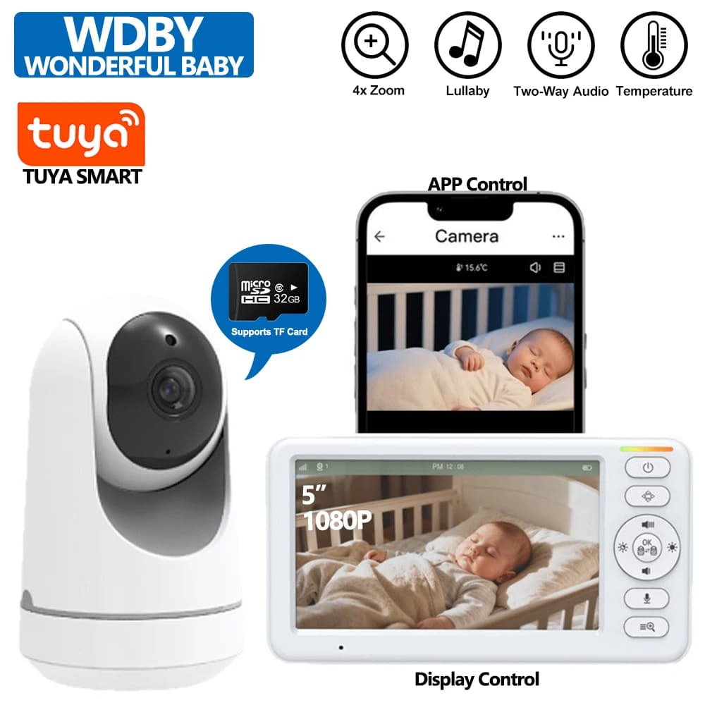 Monitor per Bambini WiFi TUYA Smart con Display LCD da 5 Pollici, Visione Notturna IR, Telecamera di Sicurezza Domestica, Audio Bidirezionale e Supporto per Registrazione