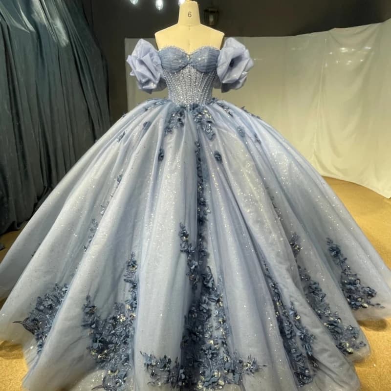 Abiti Quinceanera con glitter azzurri blu navy con spalle scoperte Applique con perline di fiori Abito da principessa in tulle di cristallo dolce 16 di lusso