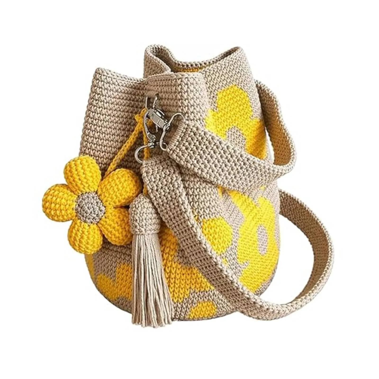 Borsa a Tracolla Artigianale all'Uncinetto con Fiori, Borsa a Spalla Boho da Spiaggia per Donna