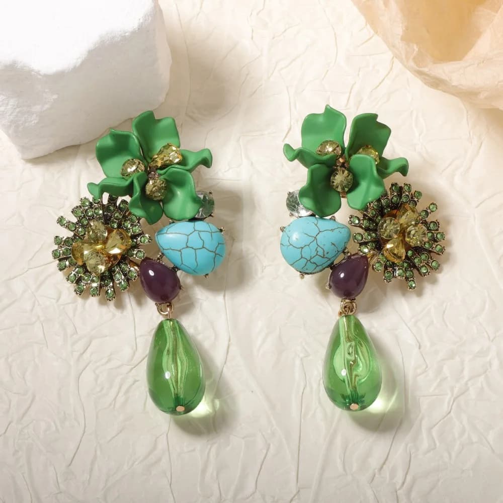 Bohemian Floral Earrings for Women Unique Design Natural Turquoise Teardrop Crystal Dangles Vintage Colorful Festival Jewelry