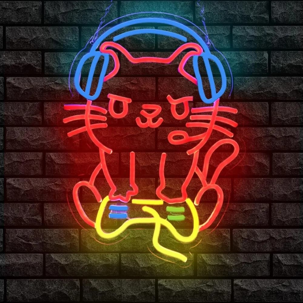 Insegna al neon per gatti da gioco per la decorazione della parete della stanza dei ragazzi, gatto che gioca con il gamepad Insegne luminose al neon a LED per la decorazione della parete della sala giochi della grotta dell'uomo