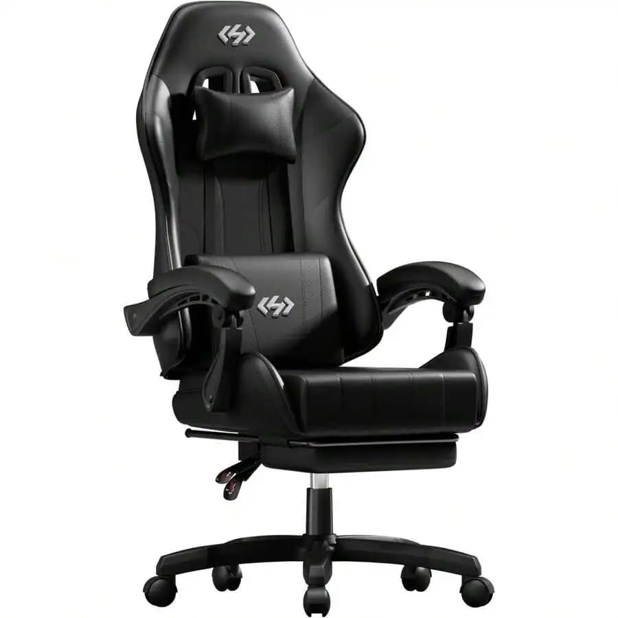 Gaming Chair, Ergonomic Computer Office Chair With Lumbar Support Footrest Headrest, Adjustable Height & Backrest Angle Video Gamer Chair, PU Leather, 360° Swivel, Adult,Black