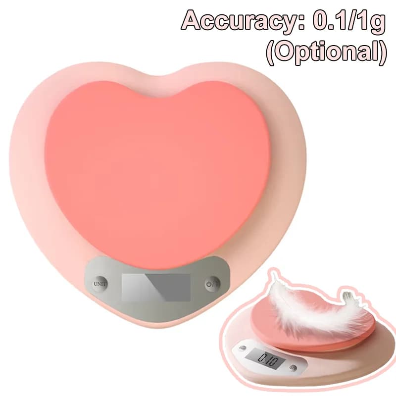 Bilancia Digitale da Cucina Rosa a Forma di Cuore, Portatile, Alta Precisione 5kg/1g 3kg/0.1g, Display LCD, Alimentazione a Batteria