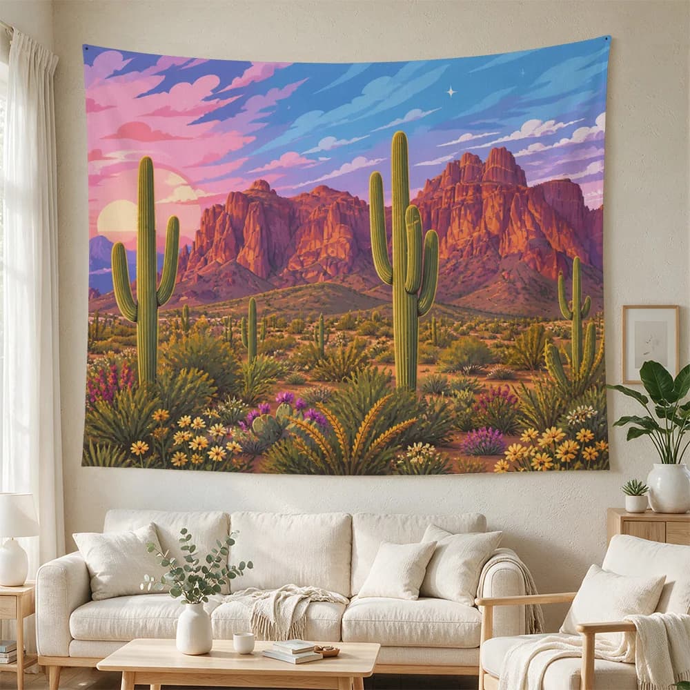 Vibrant Desert Landscape Tapestry Boho Wall Hanging Southwestern Sunset Art for Living Room Decor