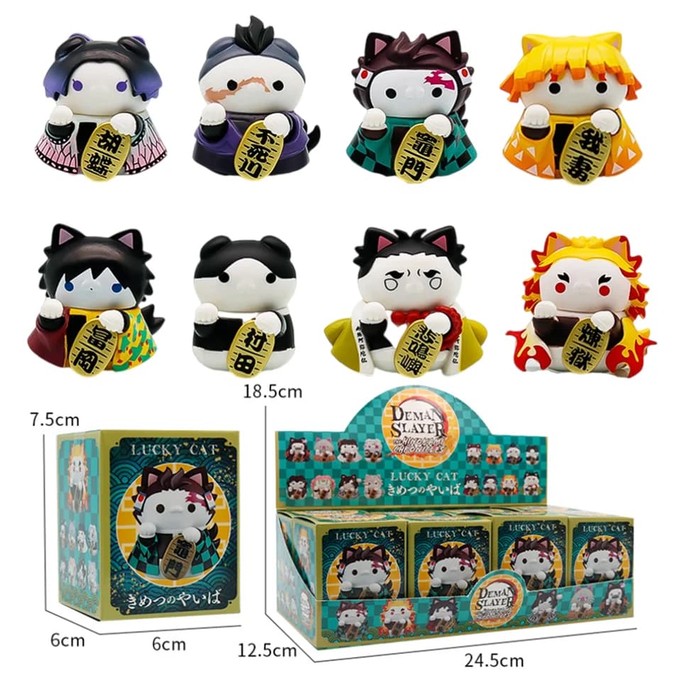 Lucky Cat Blind box Demon Slayer 1-8pcs Figures Set Tanjiro Nezuko Q Version PVC Anime Figurines Collectible Model Desktop Deco