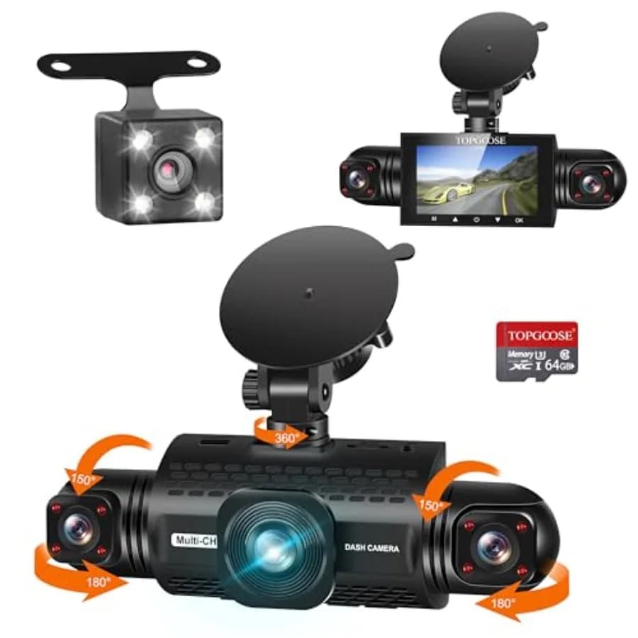 Dash cam per auto con visione a 360 gradi, registrazione FHD 1080P a 4 canali, custodia in plastica nera, colore nero, include scheda da 64 GB gratuita.