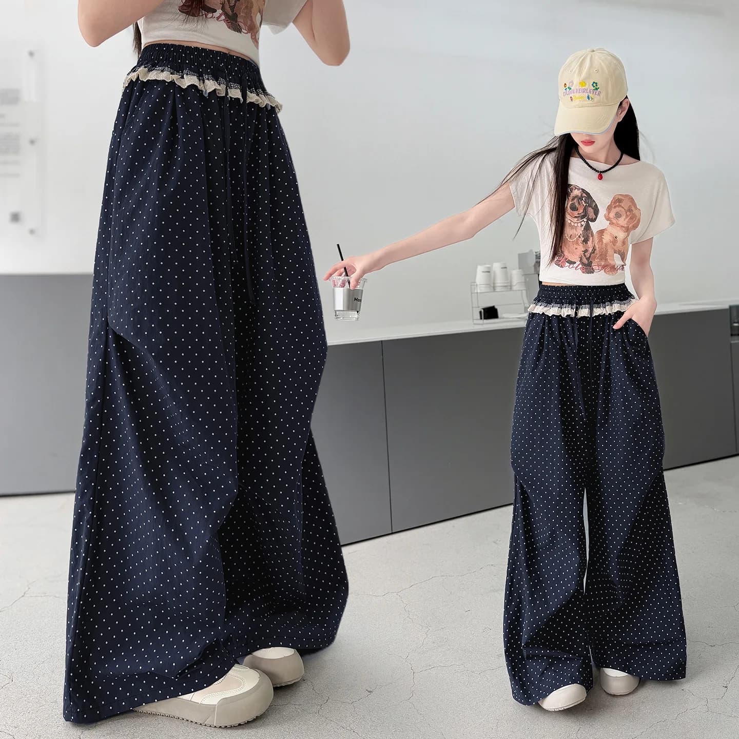 Pantaloni a gamba larga per ragazze, pantaloni larghi a vita alta, pantaloni casual con finiture in pizzo a pois, abbigliamento moda primavera estate per bambini 7-15
