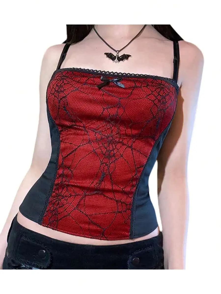Red Spider Web Lace Camisole Top Gothic Sexy Sleeveless Crop Top