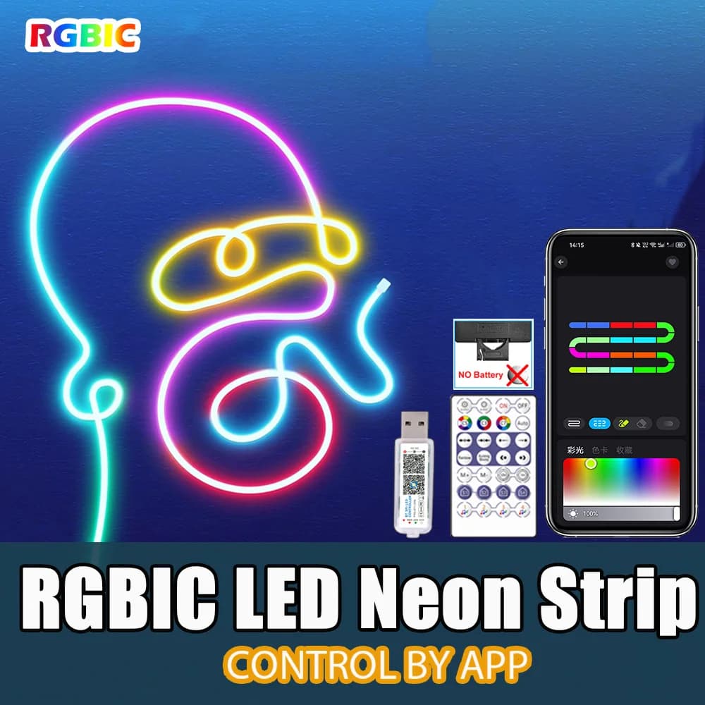 Striscia LED con Telecomando e App, Luci al Neon RGB+IC, Illuminazione Flessibile per Sala Giochi, Decorazione Camera da Letto, Luce al Neon Vibrante