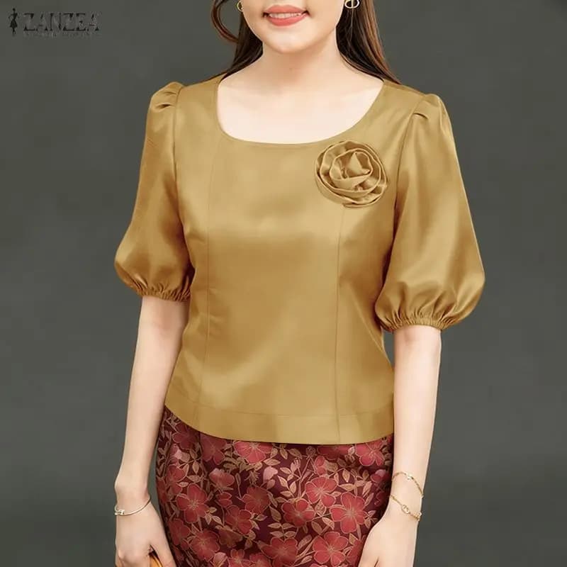 ZANZEA 2026 Blusa Estiva Elegante con Maniche Corte a Sbuffo, Top Aderente in Raso con Fiori 3D, Camicia Femminile Tinta Unita per Lavoro