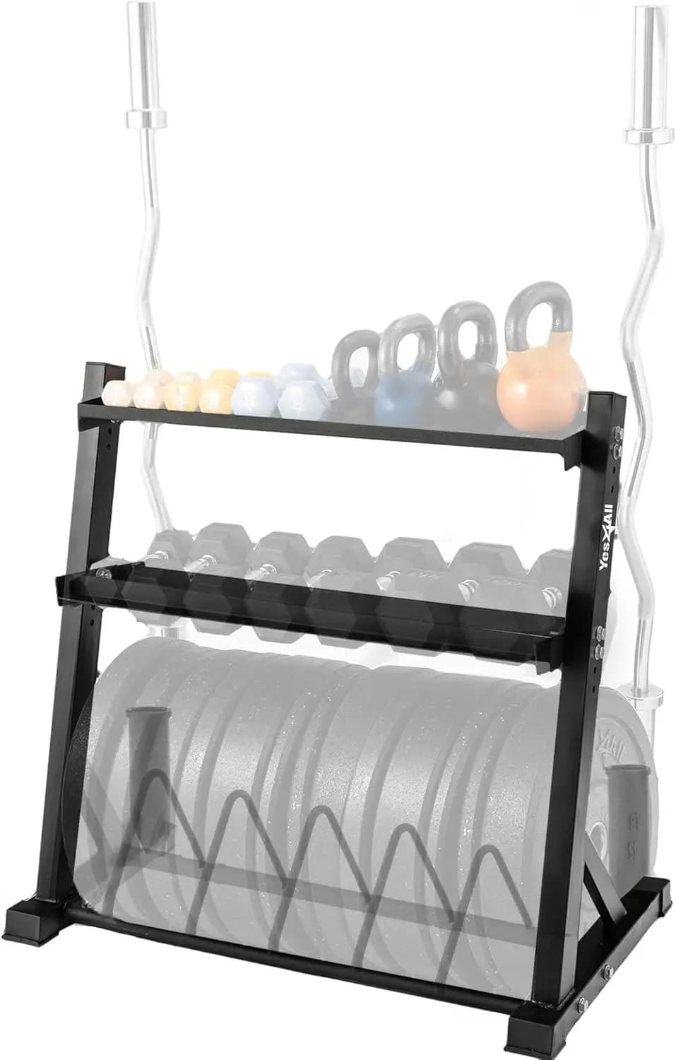 Wall mounted heavy-duty weight plate support for shaft and barbell, supports up to 1190 pounds to store items in home gym