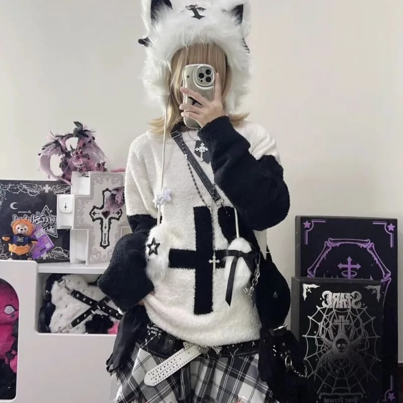 Punk Sottocultura Vintage Punk Maglieria Donna Harajuk Nero Bianco Contrasto Croce Maglione Inverno Allentato Casual Y2k Moda Magliette e camicette Nuovo