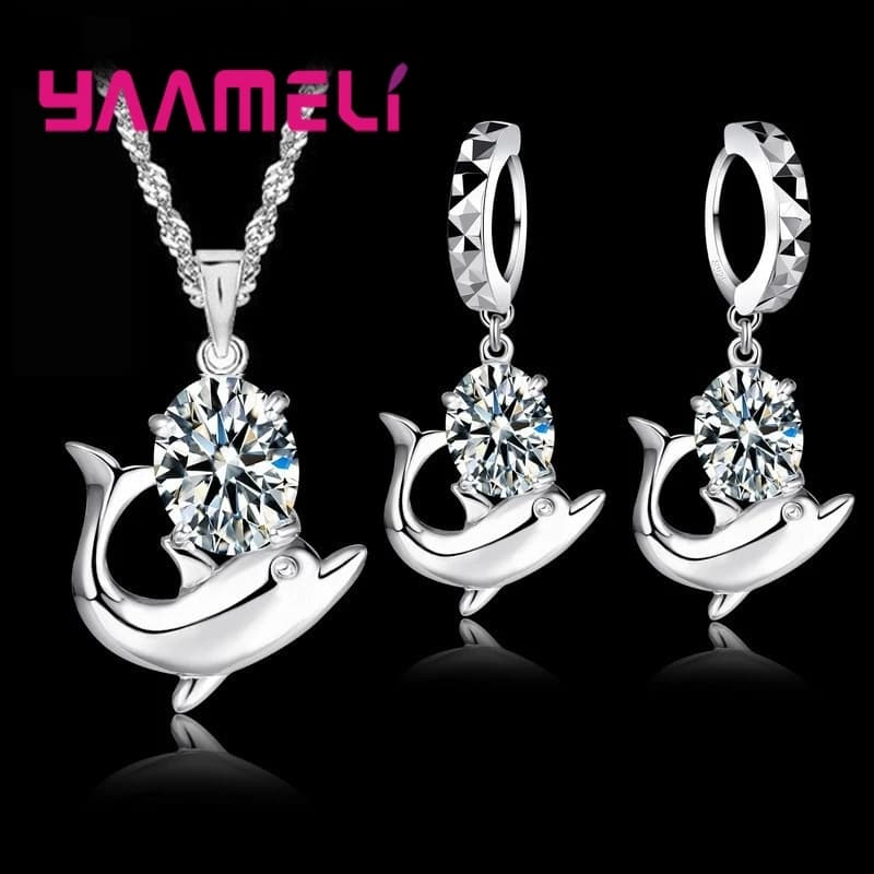 Fashion Austrian Crystal Jewelry Set 925 Sterling Silver Sweet Dolphin Pendant Necklace Loop Earrings Sets for Women
