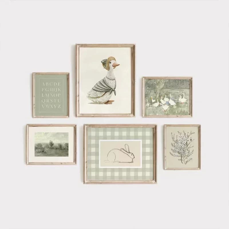 Green Bohemian Nursery Gallery Wall Poster Sage Bunny and Duck Early Learning Kids Room Bedroom Living Room Decorative Wall A