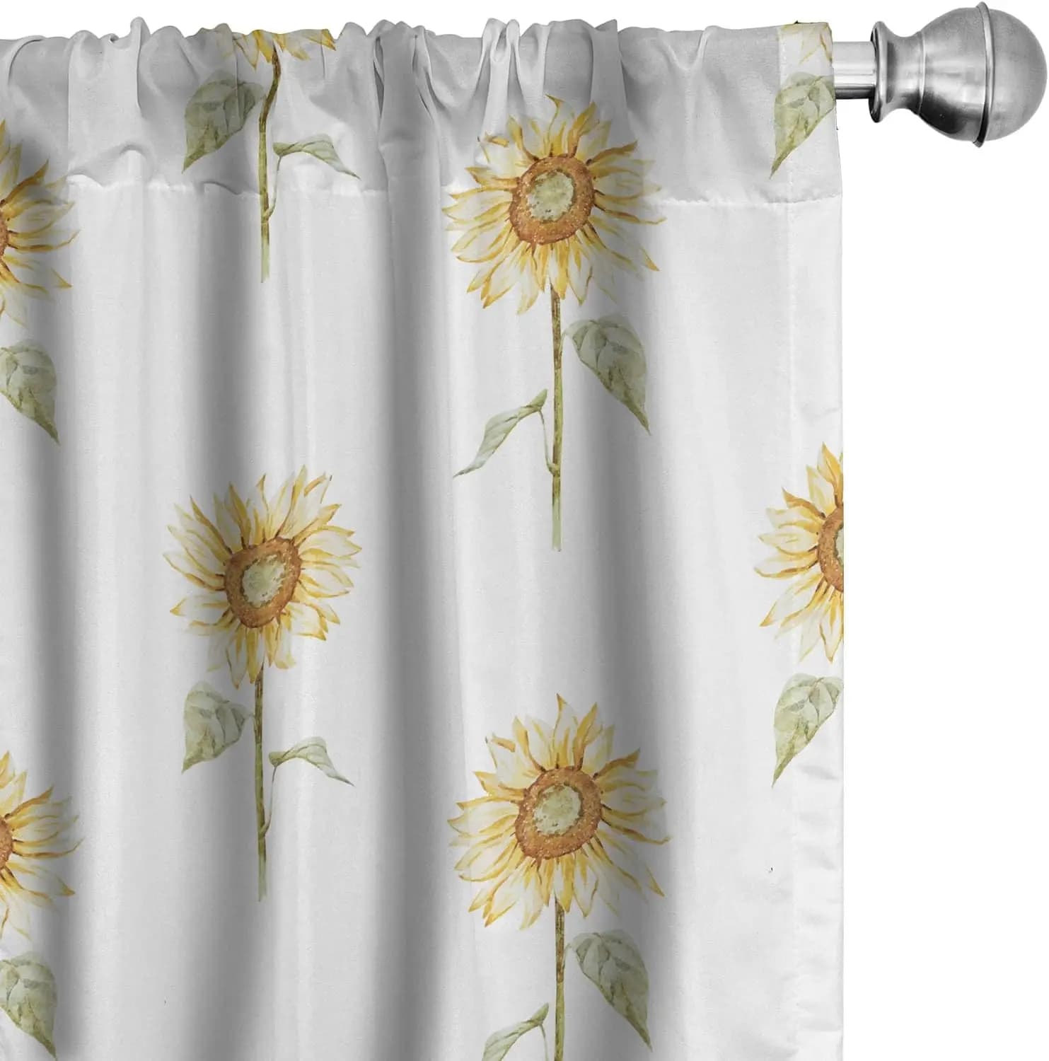 Watercolor Sunflower Curtains, Floral Print, 2-Panel Rod Pocket Window Drapes