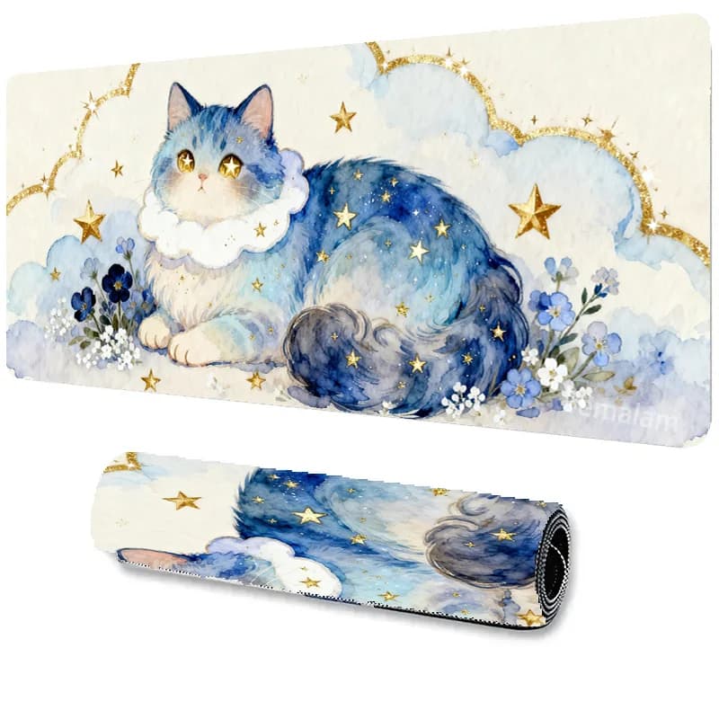 Tappetino per Mouse Stile Acquerello con Gatto, Texture in Lamina d'Oro, Tappetino da Scrivania XXL per Gaming, Base in Gomma Antiscivolo, Lavabile, per Giochi e Ufficio