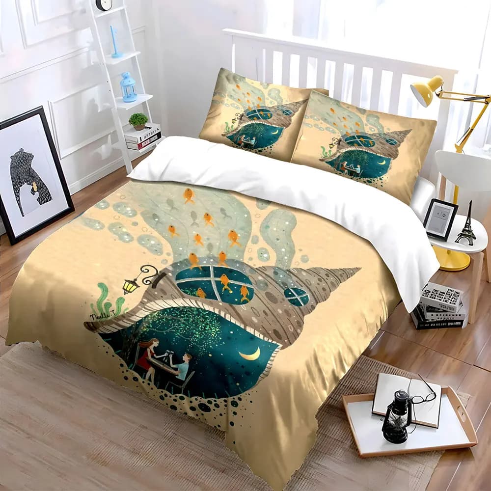 Set Decorativo a Tema Subacqueo Romantico, Set di Biancheria da Letto con 1 Copripiumino e 2 Federe, Singolo, Matrimoniale, King, Queen, Regalo