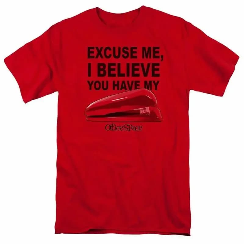 Office Space Stapler T-shirt da uomo con licenza cinematografica Comedy Movie Milton Red